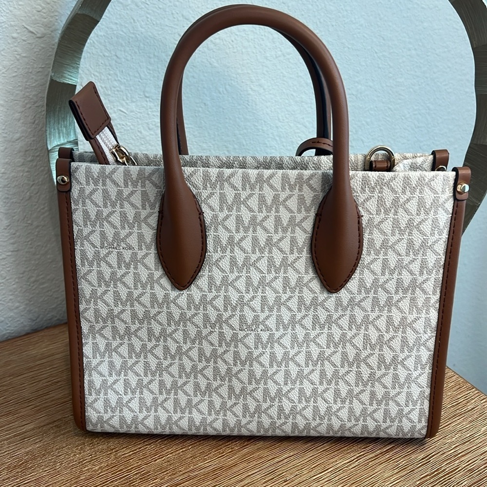 nwt MICHEAL KORS Mirella Small Logo Tote Bag Shopper VANILLA/ BROWN - Picture 6 of 8